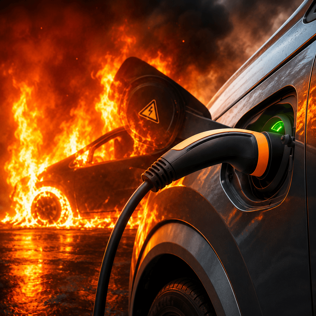 Véhicule électrique en charge devant un véhicule en feu, illustration du risque d'emballement des batteries lithium